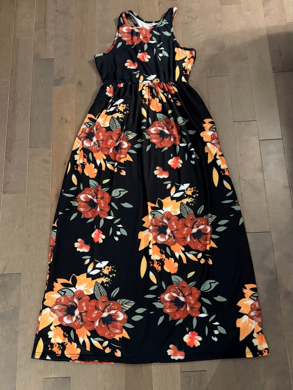 Girls Black Floral Maxi Dress with Red & Orange Blooms